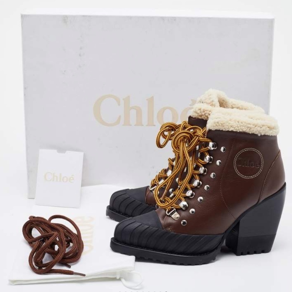 Chloe Rylee shearling-trimmed leather and rubber ankle boots 39